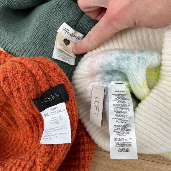 Madewell J Crew Loft Wool Blend Hat Beanie Lot of 3 Orange Green Cream Big Pom - Picture 2 of 13